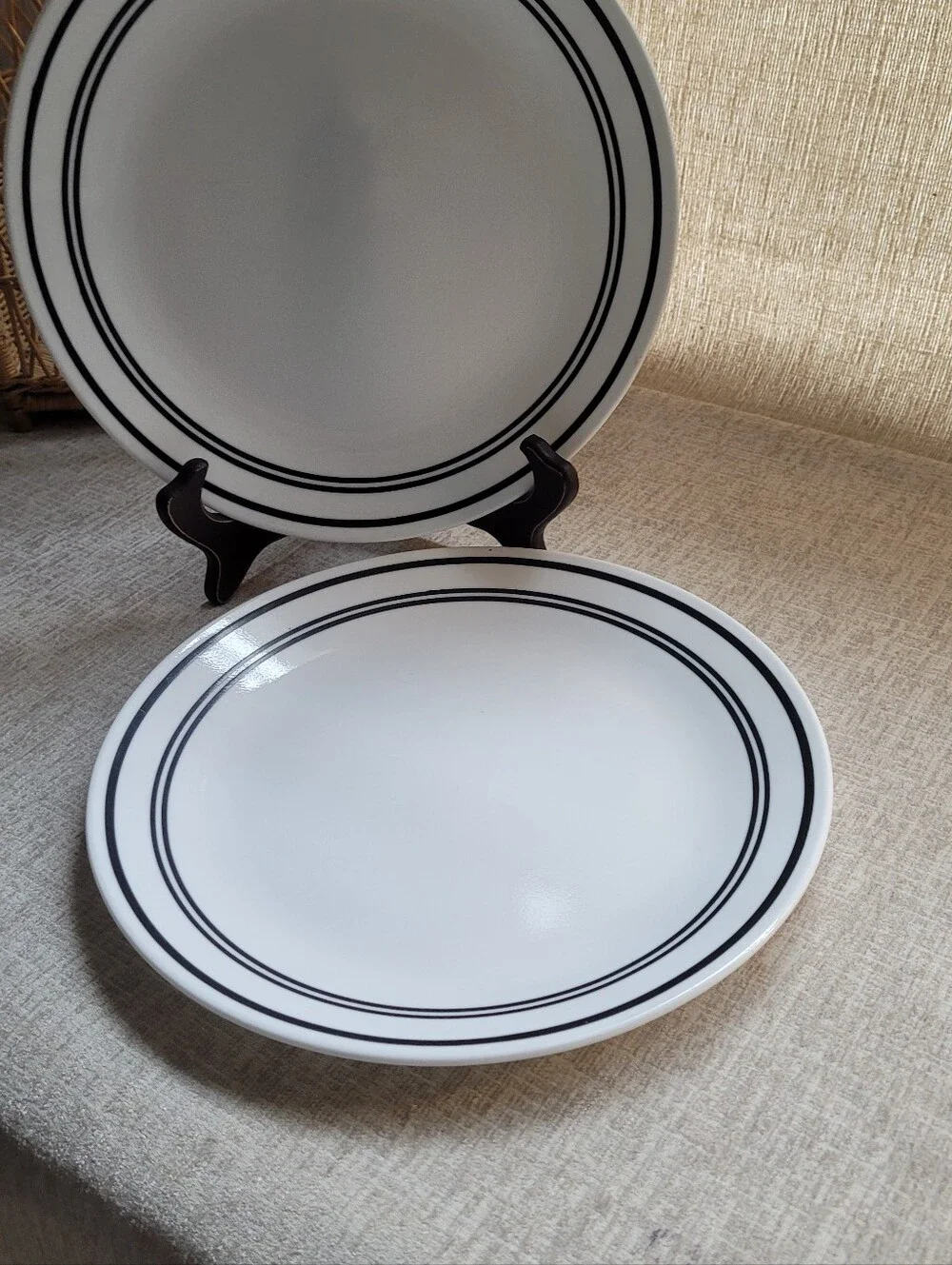 Corelle White Dinner Plate with Black Double Ring. Cafe Collection. 2 Qty